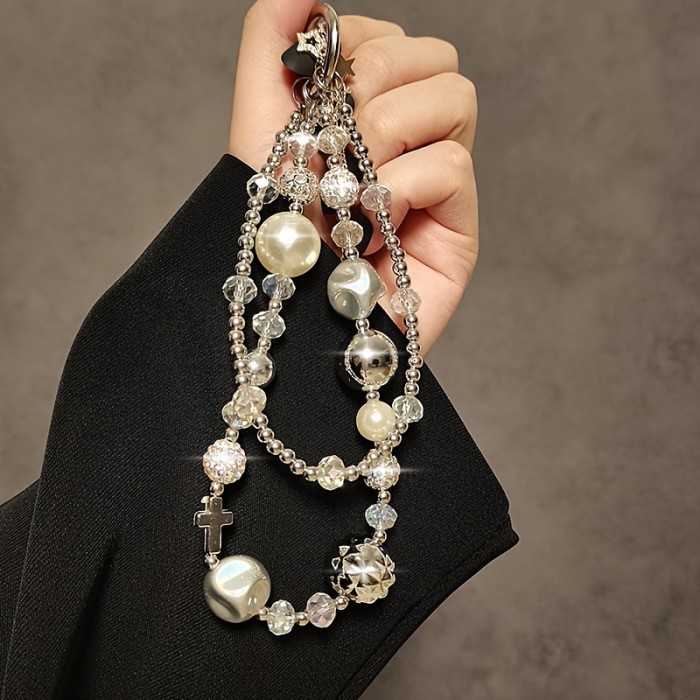 Double-chain Water Drill Bead Creative Hanging Rope - Durable High-quality Handmade Decoration for Mobile Phone, Camera, and Wrist - Portable Pendant Accessory with Hand-held Chain and Stylish Design