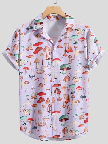 Cute Mushroom Print Casual Button Up Shirt, Men's Clothes For Spring Summer K-pop