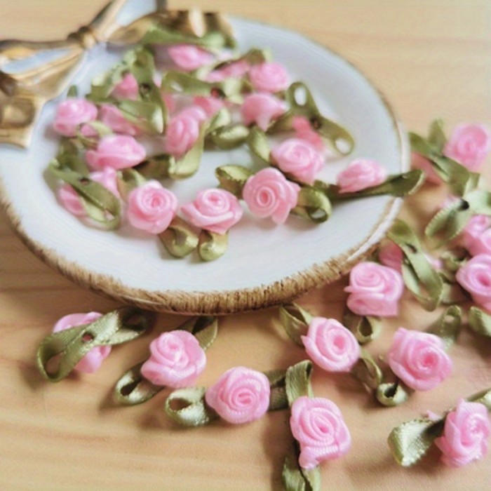 100pcs Handmade Ribbon Flower DIY Polyester Small Flower Rose Three-dimensional Flower Cloth Stickers Clothing Headwear Lingerie Sewing Accessories