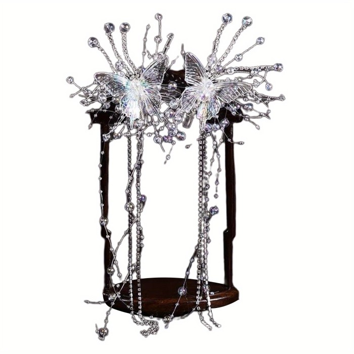 1pc Butterfly Fairy Hair Clip with Pearl Rhinestone Tassels, Plastic Decorative Side Hair Accessory for Styling and Party Wear, Party Hair Decor|Butterfly Motif|Rhinestone Embellishments