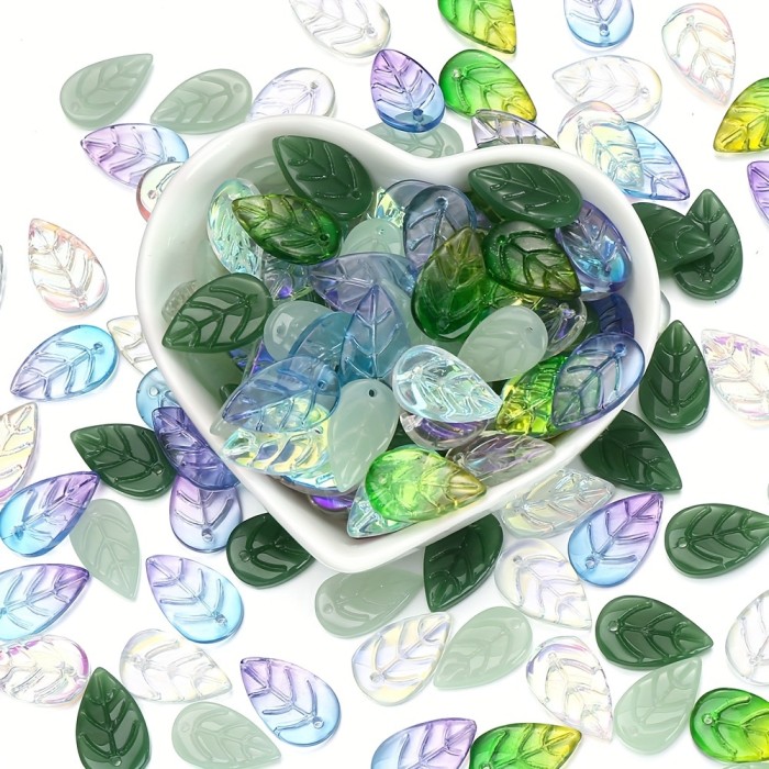50pcs Vibrant Glass Leaf Beads with AB Coating - Mixed Green Shades for Jewelry Making, DIY Necklace and Earring Pendants Crafting, Perfect for Accessories and Fashion Designers