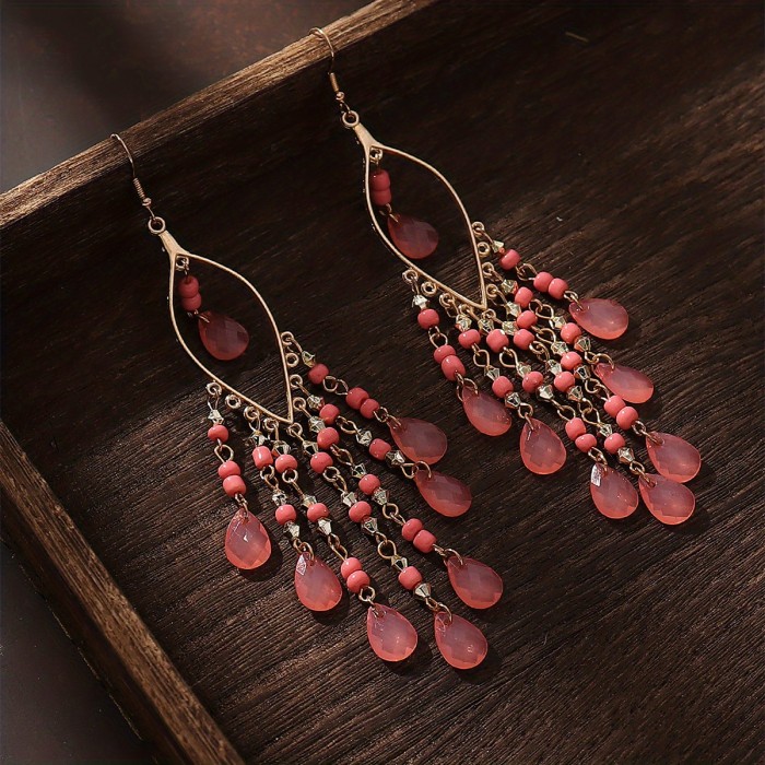 Hollow Leaf Shape Colorful Droplet Glass Tassel Dangle Earrings Bohemian Vocation Style Alloy Jewelry Trendy Holiday Earrings