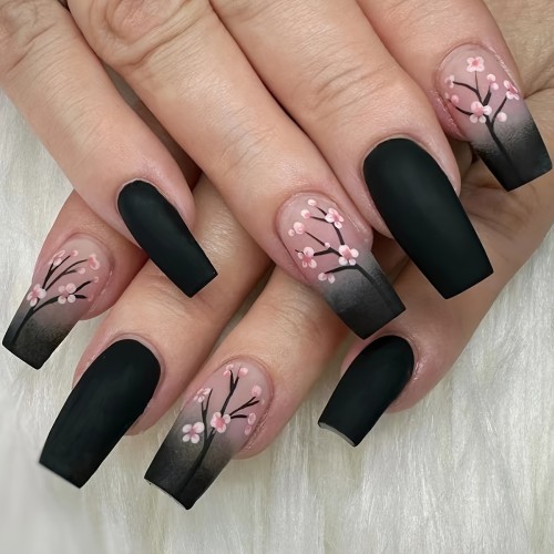 24 Pcs Press-On Oval Nails - Middle Length Black and Pink Gradient with Cherry Blossom Design, Matte Finish, Includes Jelly Glue & Nail File