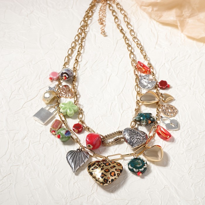 Boho-Chic Vintage Double Layer Alloy Necklace with Assorted Pendants - Perfect for Casual Attire & Gifting