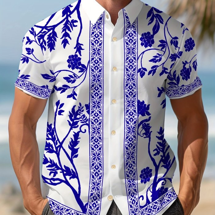 1pc Floral Print Short Sleeve Shirt 1pc Men'S Floral Print Short Sleeve Button-Down Shirt - Polyester Vacation Style Casual Party Beachwear, Regular Fit, Summer Gathering Essential