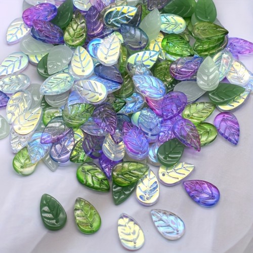 50pcs AB Green Mix Color Leafs - 11x18mm & 10x22mm - Glass Beads for Jewelry Making, DIY Accessories, Earrings & Necklaces - For Crafters & Jewelry Designers