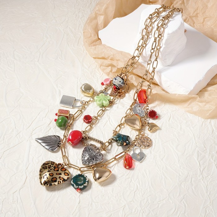 Boho-Chic Vintage Double Layer Alloy Necklace with Assorted Pendants - Perfect for Casual Attire & Gifting