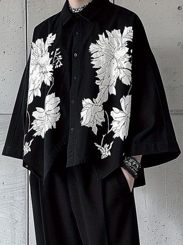 1pc Vintage-Inspired Floral Shirt 1pc Vintage-Inspired Floral Print Polyester Shirt for Men - Casual Lapel Collar, Long Sleeve, Asymmetric Hem, Single Breasted Turndown, Button Details, Non-Stretch Fabric, Woven, Regular Fit, Ideal for Weekend Casual Wear in Spring\u002FFall - Hippie Street Style Vacation Shirt