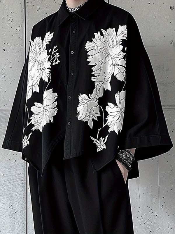 1pc Vintage-Inspired Floral Shirt 1pc Vintage-Inspired Floral Print Polyester Shirt for Men - Casual Lapel Collar, Long Sleeve, Asymmetric Hem, Single Breasted Turndown, Button Details, Non-Stretch Fabric, Woven, Regular Fit, Ideal for Weekend Casual Wear in Spring\u002FFall - Hippie Street Style Vacation Shirt