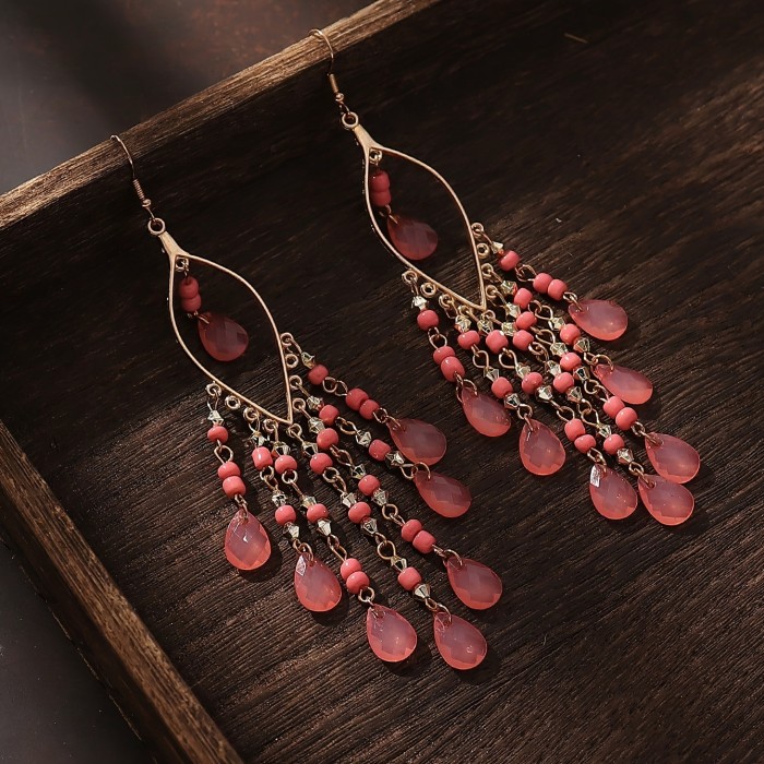 Hollow Leaf Shape Colorful Droplet Glass Tassel Dangle Earrings Bohemian Vocation Style Alloy Jewelry Trendy Holiday Earrings