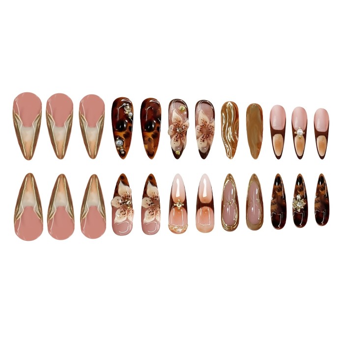 24pcs Luxury Almond Shaped Nails 24pcs Luxury Almond Shaped Long Press-On Nails Set, Mixed Color System with Golden 3D Stripe and Floral Design, Glossy Finish, Includes Jelly Glue and Nail File for Women and Girls Daily Wear