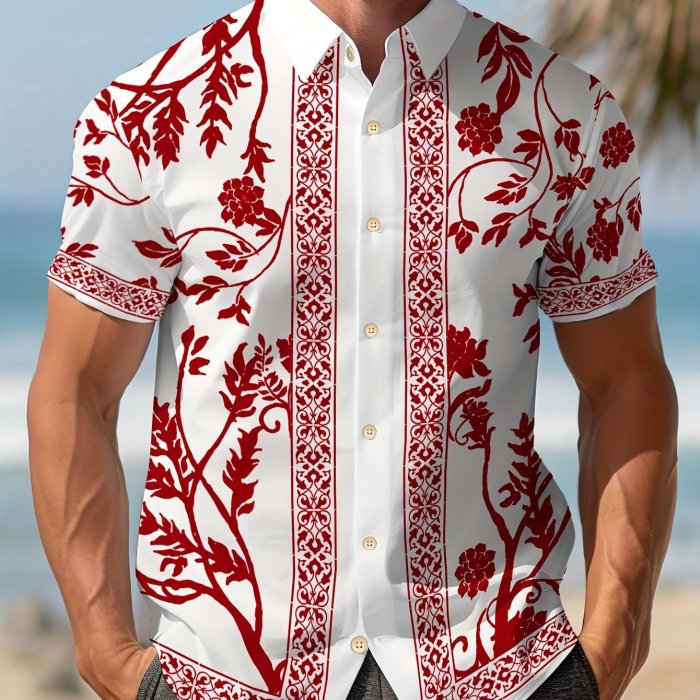 1pc Floral Print Short Sleeve Shirt 1pc Men'S Floral Print Short Sleeve Button-Down Shirt - Polyester Vacation Style Casual Party Beachwear, Regular Fit, Summer Gathering Essential