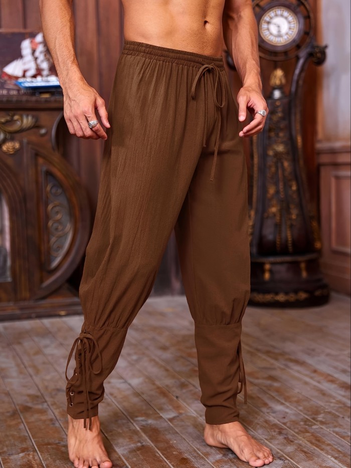 Renaissance Attire| Men's Brown Medieval Ankle Pants - Viking Pirate Renaissance Costume, Lace-Up Tapered Banded Navigator Casual Trousers, Cotton Blend with Elastic Waistband & Cuffs, Non-See-Through, Woven Fabric
