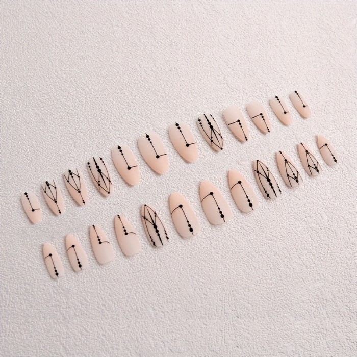 Press-On Nails Set, Matte Geometric Line Design, Nude Color, Almond Shape, Short Length, Striped & Geometric Pattern, Nail Art for Beauty & Personal Care