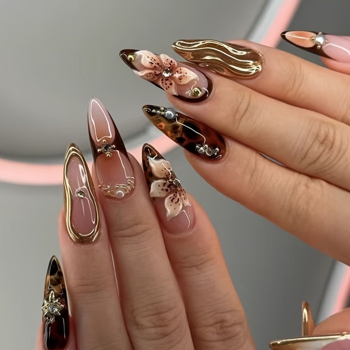 24pcs Luxury Almond Shaped Nails 24pcs Luxury Almond Shaped Long Press-On Nails Set, Mixed Color System with Golden 3D Stripe and Floral Design, Glossy Finish, Includes Jelly Glue and Nail File for Women and Girls Daily Wear