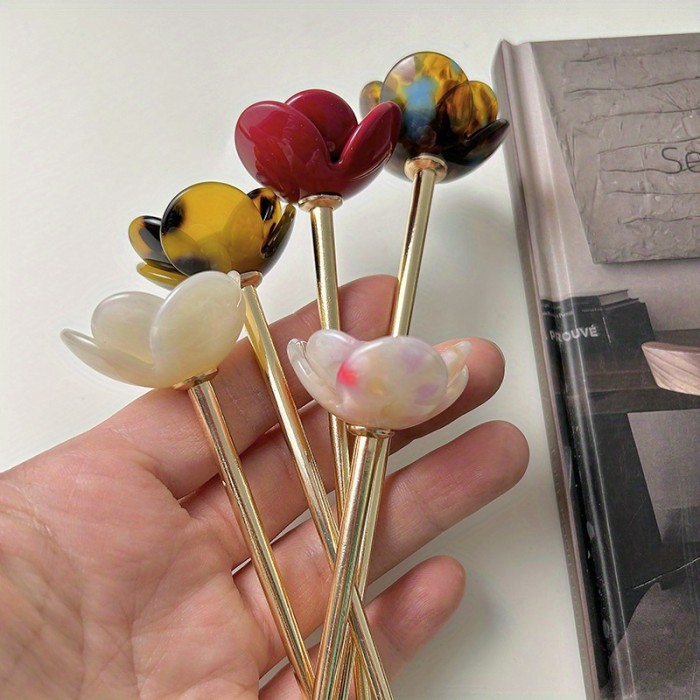 1 Elegant French-Style Floral Hairpin for Women - Chic Acetate Flower with Tassel, Sweet and Cute, Multicolor - Perfect for Daily Wear, Flower Hair Clip