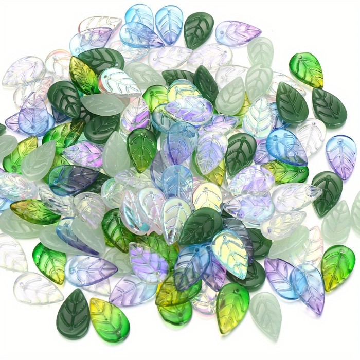 50pcs Vibrant Glass Leaf Beads with AB Coating - Mixed Green Shades for Jewelry Making, DIY Necklace and Earring Pendants Crafting, Perfect for Accessories and Fashion Designers