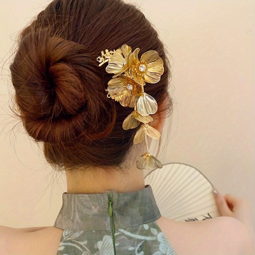 Flower Metal U Shape Hair Stick Antique Golden Silvery Hanfu Hairpin Tassel Hair Sticks for Buns Cheongsam Accessories