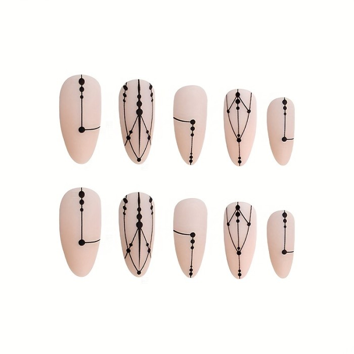 Press-On Nails Set, Matte Geometric Line Design, Nude Color, Almond Shape, Short Length, Striped & Geometric Pattern, Nail Art for Beauty & Personal Care