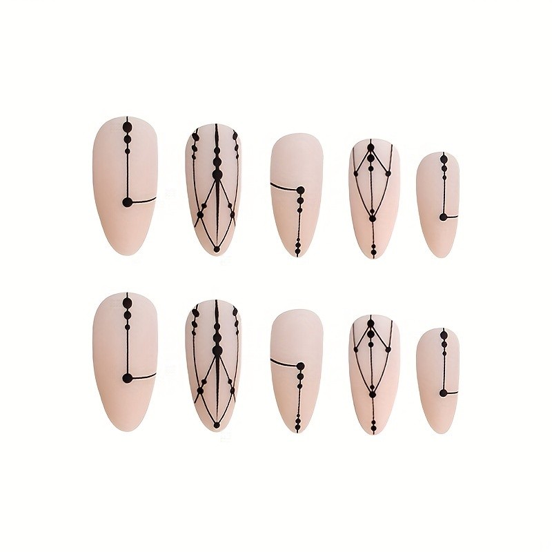 Press-On Nails Set, Matte Geometric Line Design, Nude Color, Almond Shape, Short Length, Striped & Geometric Pattern, Nail Art for Beauty & Personal Care