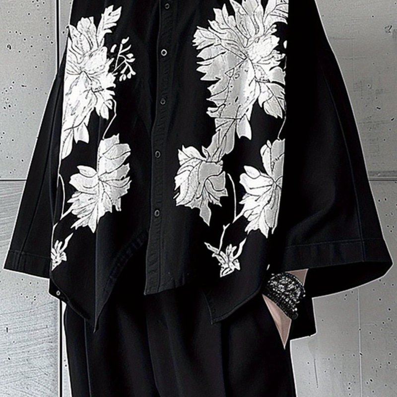 1pc Vintage-Inspired Floral Shirt 1pc Vintage-Inspired Floral Print Polyester Shirt for Men - Casual Lapel Collar, Long Sleeve, Asymmetric Hem, Single Breasted Turndown, Button Details, Non-Stretch Fabric, Woven, Regular Fit, Ideal for Weekend Casual Wear in Spring\u002FFall - Hippie Street Style Vacation Shirt