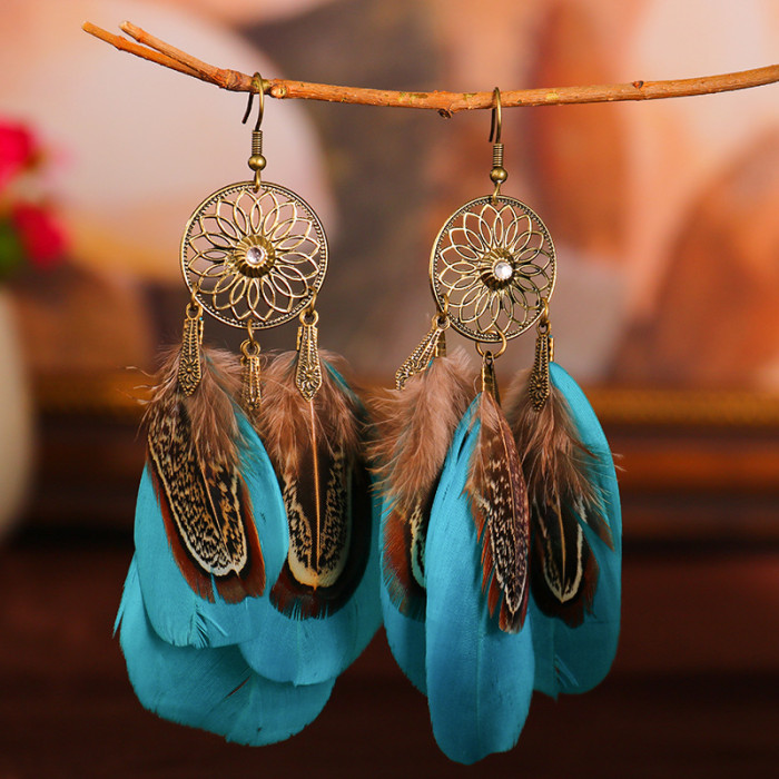 Vintage Boho Feather Drop Dangle Earrings Hollow Out Sunflower Long Tassel Earrings For Women Girls 1Pair