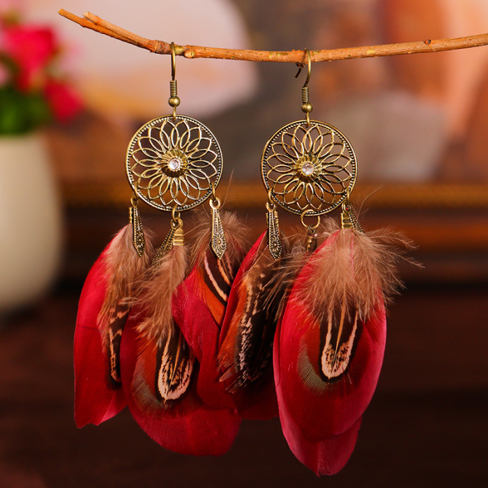 Vintage Boho Feather Drop Dangle Earrings Hollow Out Sunflower Long Tassel Earrings For Women Girls 1Pair