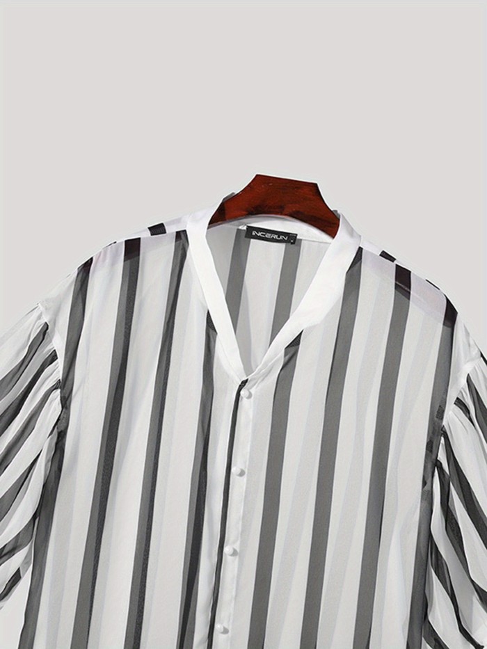 Men's Casual V-Neck Blouse - 100% Polyester Non-Stretch Chiffon Fabric - Striped Print Medium Sleeve Button-Down Shirt for Spring\u002FSummer - Regular Fit Casual Wear
