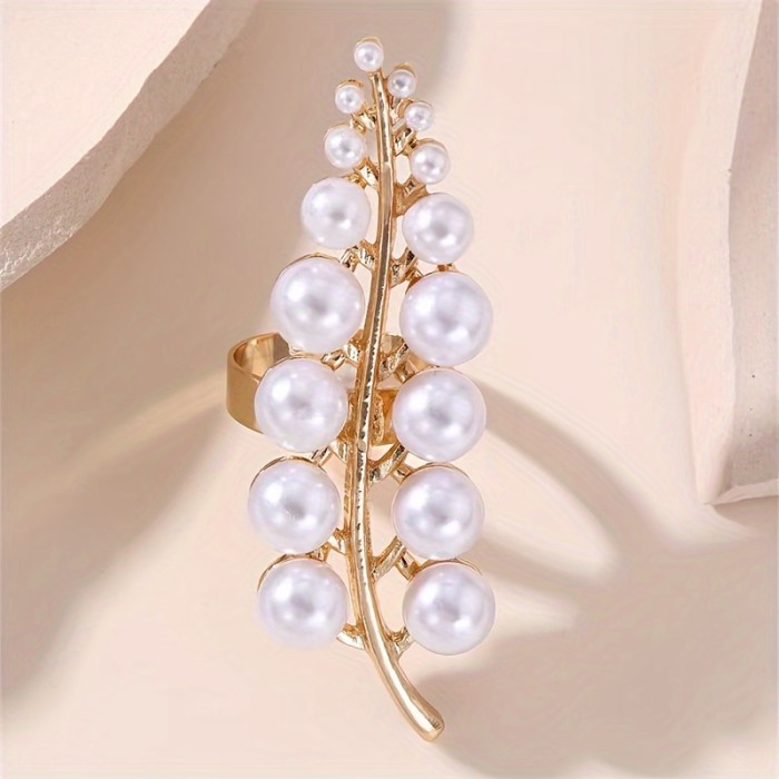 Elegant Statement Ring for Women, Imitation Pearl Brooch Design, No Plating, Versatile for Daily Wear, All Seasons - Fashionable European Style Jewelry