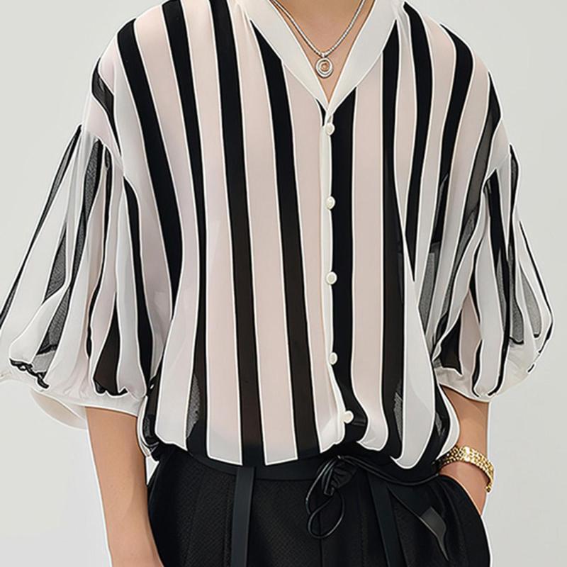 Men's Casual V-Neck Blouse - 100% Polyester Non-Stretch Chiffon Fabric - Striped Print Medium Sleeve Button-Down Shirt for Spring\u002FSummer - Regular Fit Casual Wear