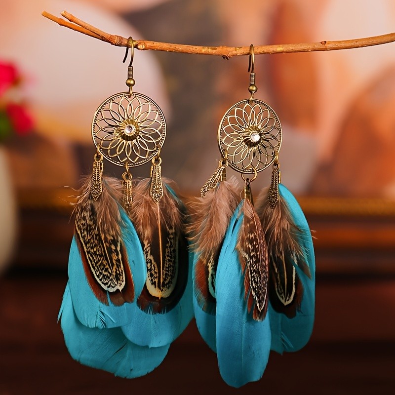 Vintage Boho Feather Drop Dangle Earrings Hollow Out Sunflower Long Tassel Earrings For Women Girls 1Pair