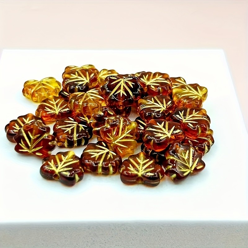30pcs Vintage Golden-Plated Leaf Design Acrylic Beads, Amber Hue with Intricate Vein Patterns - Ideal for DIY Jewelry & Craft Projects