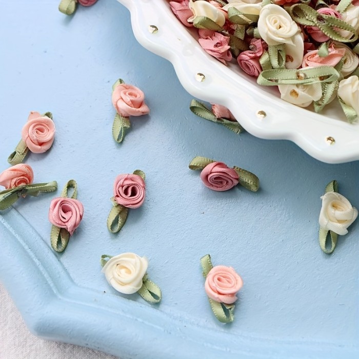100pcs Handmade Ribbon Flower DIY Polyester Small Flower Rose Three-dimensional Flower Cloth Stickers Clothing Headwear Lingerie Sewing Accessories