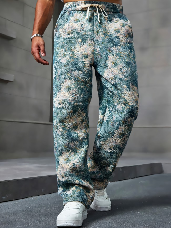 Men's Casual Long Pants With Fresh Chamomile Floral Print, Drawstring Waistband, Ideal For All Seasons And Daily Wear
