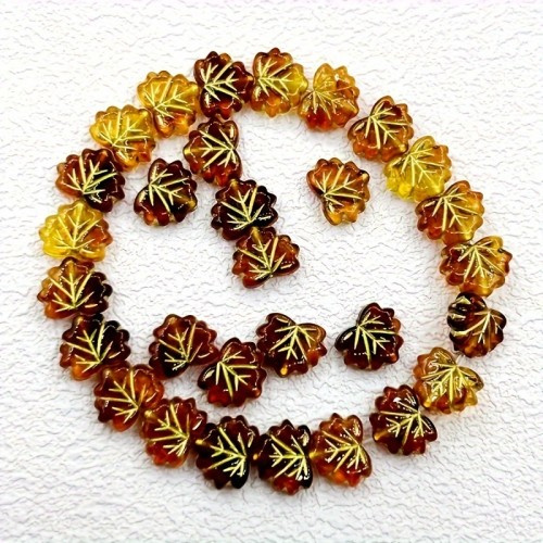 30pcs Vintage Golden-Plated Leaf Design Acrylic Beads, Amber Hue with Intricate Vein Patterns - Ideal for DIY Jewelry & Craft Projects