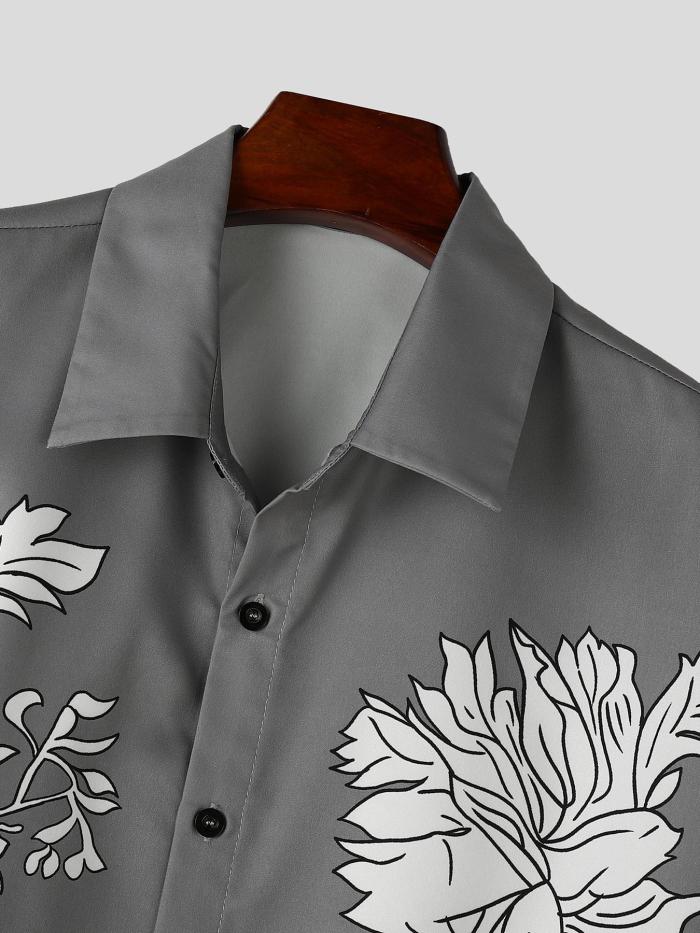 1pc Vintage-Inspired Floral Shirt 1pc Vintage-Inspired Floral Print Polyester Shirt for Men - Casual Lapel Collar, Long Sleeve, Asymmetric Hem, Single Breasted Turndown, Button Details, Non-Stretch Fabric, Woven, Regular Fit, Ideal for Weekend Casual Wear in Spring\u002FFall - Hippie Street Style Vacation Shirt
