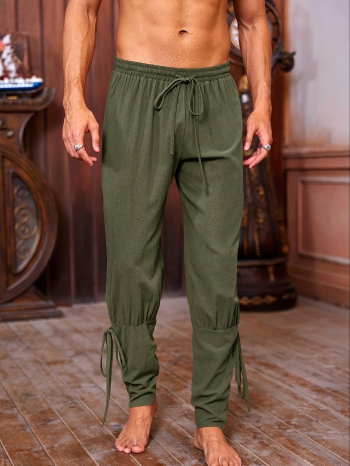 Renaissance Attire| Men's Brown Medieval Ankle Pants - Viking Pirate Renaissance Costume, Lace-Up Tapered Banded Navigator Casual Trousers, Cotton Blend with Elastic Waistband & Cuffs, Non-See-Through, Woven Fabric