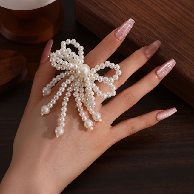 Elegant Faux Pearl Butterfly Knot Ring, Adjustable Open Band, 3D Beaded Tassel Bowknot Design, Women's Bridal Engagement Wedding Banquet Jewelry