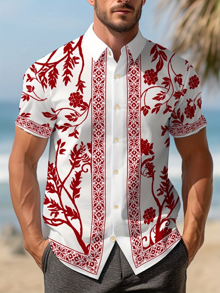 1pc Floral Print Short Sleeve Shirt 1pc Men'S Floral Print Short Sleeve Button-Down Shirt - Polyester Vacation Style Casual Party Beachwear, Regular Fit, Summer Gathering Essential
