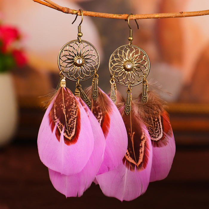Vintage Boho Feather Drop Dangle Earrings Hollow Out Sunflower Long Tassel Earrings For Women Girls 1Pair