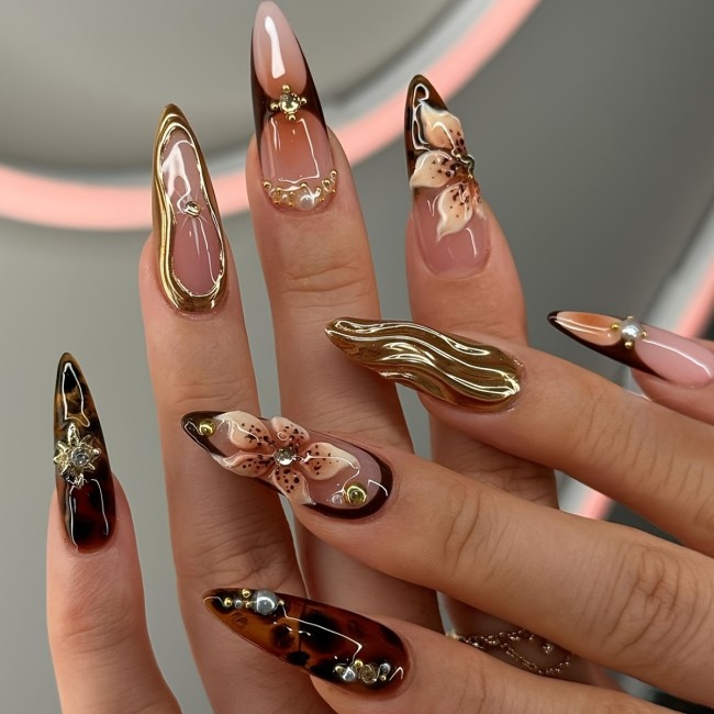24pcs Luxury Almond Shaped Nails 24pcs Luxury Almond Shaped Long Press-On Nails Set, Mixed Color System with Golden 3D Stripe and Floral Design, Glossy Finish, Includes Jelly Glue and Nail File for Women and Girls Daily Wear