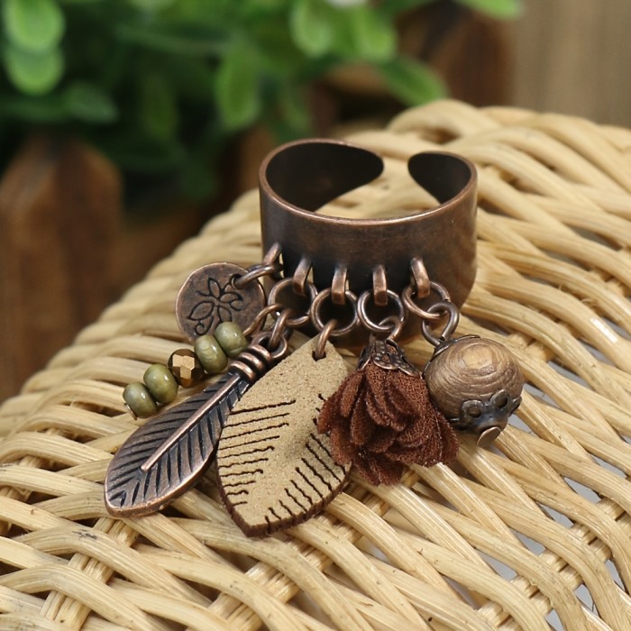 Vintage Bohemian Zinc Alloy Ring with Floral Wooden Beads, Leaf Tassel Pendant in Antique Bronze Finish, Wide Face, Open Ring