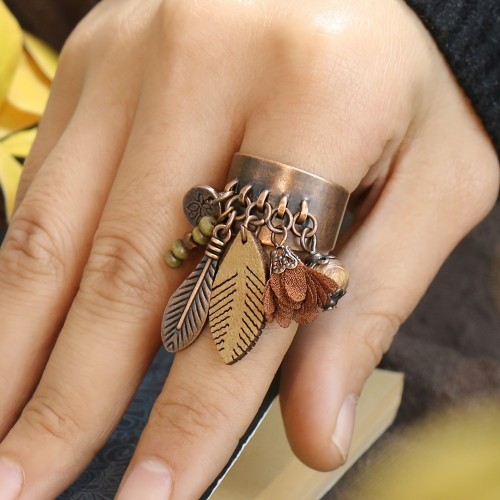 Vintage Bohemian Zinc Alloy Ring with Floral Wooden Beads, Leaf Tassel Pendant in Antique Bronze Finish, Wide Face, Open Ring