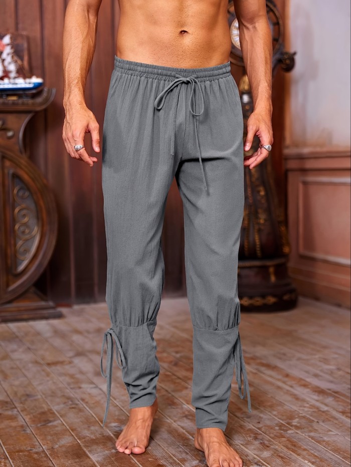 Renaissance Attire| Men's Brown Medieval Ankle Pants - Viking Pirate Renaissance Costume, Lace-Up Tapered Banded Navigator Casual Trousers, Cotton Blend with Elastic Waistband & Cuffs, Non-See-Through, Woven Fabric