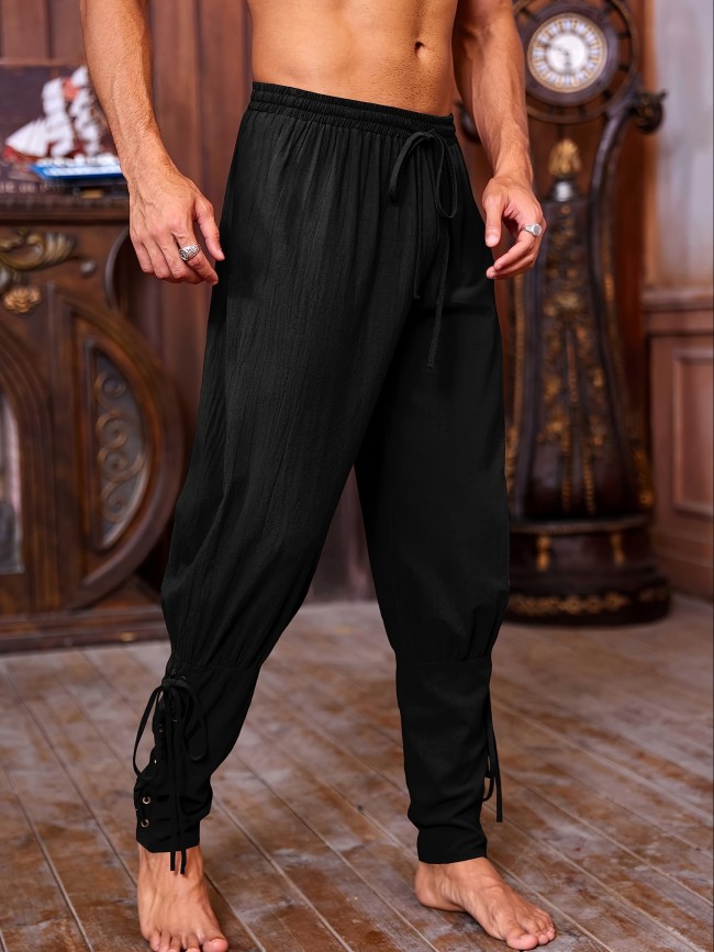 Renaissance Attire| Men's Brown Medieval Ankle Pants - Viking Pirate Renaissance Costume, Lace-Up Tapered Banded Navigator Casual Trousers, Cotton Blend with Elastic Waistband & Cuffs, Non-See-Through, Woven Fabric