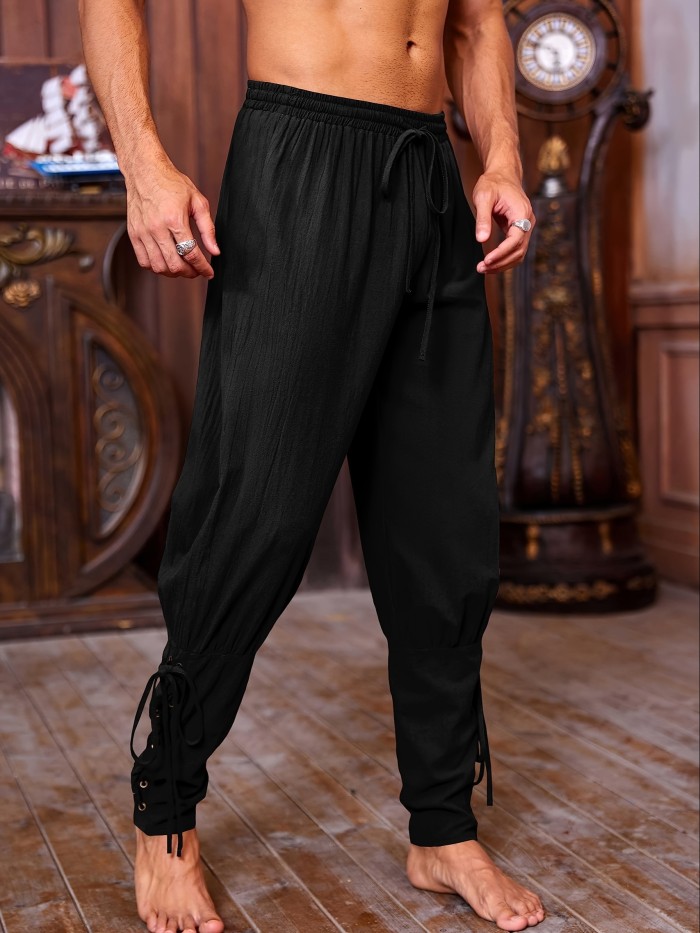 Renaissance Attire| Men's Brown Medieval Ankle Pants - Viking Pirate Renaissance Costume, Lace-Up Tapered Banded Navigator Casual Trousers, Cotton Blend with Elastic Waistband & Cuffs, Non-See-Through, Woven Fabric