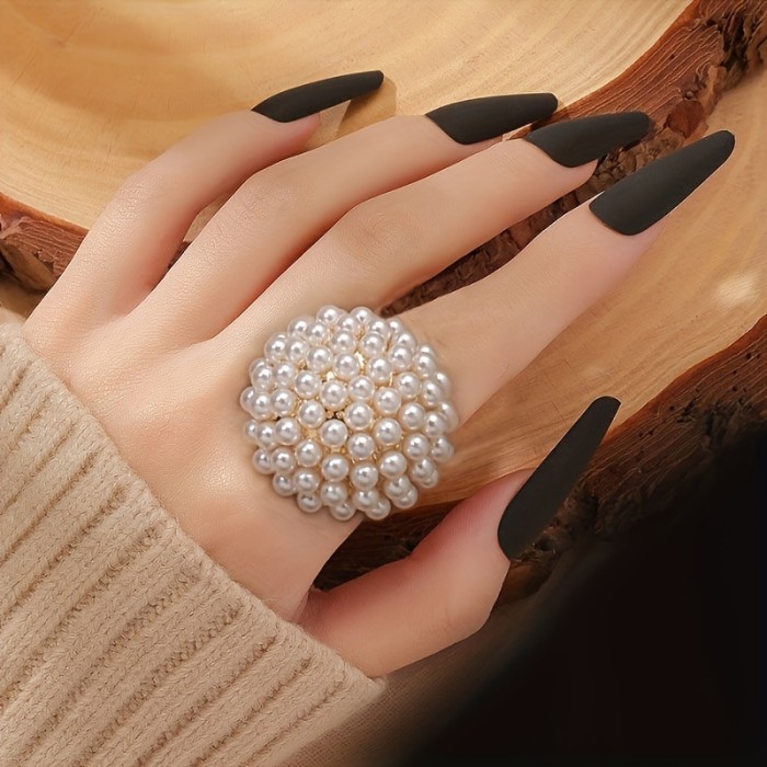 Perfect Party Flower Ring Everyday Elegant Boho-Chic Faux Pearl Flower Ring - Adjustable, Perfect for Parties & Everyday Glam