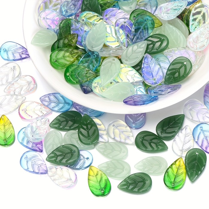 50pcs Vibrant Glass Leaf Beads with AB Coating - Mixed Green Shades for Jewelry Making, DIY Necklace and Earring Pendants Crafting, Perfect for Accessories and Fashion Designers