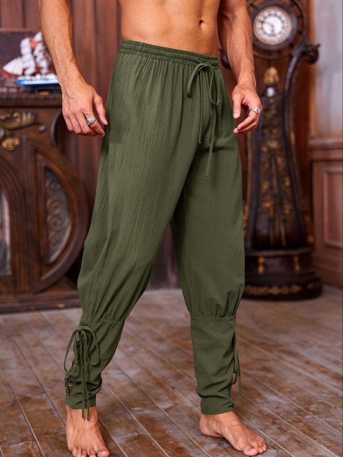 Renaissance Attire| Men's Brown Medieval Ankle Pants - Viking Pirate Renaissance Costume, Lace-Up Tapered Banded Navigator Casual Trousers, Cotton Blend with Elastic Waistband & Cuffs, Non-See-Through, Woven Fabric