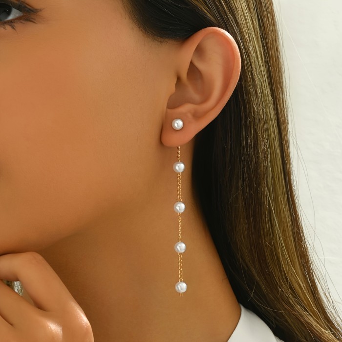 1 Pair Faux Pearl Earrings For Women Faux Pearl Tassel Drop Earrings Elegant Long Dangle Earrings Wedding Pendant Earrings